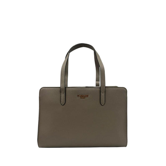 Shoulder Clutch Handbag by Twinset for women in polyurethane gray & gold features a sculptural silhouette with a secure zipper, organized built-in-compartments, and versatile shoulder-strap & adjustable-strap for a sculptural finish.