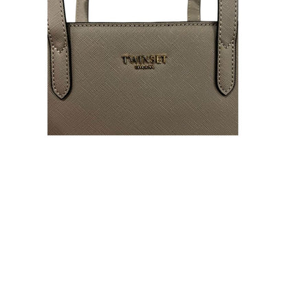 Shoulder Clutch Handbag by Twinset for women in polyurethane gray & gold features a statuesque silhouette, showcasing a secure zipper and organized built-in-compartments with versatile shoulder-strap & adjustable-strap for statuesque evening wear.