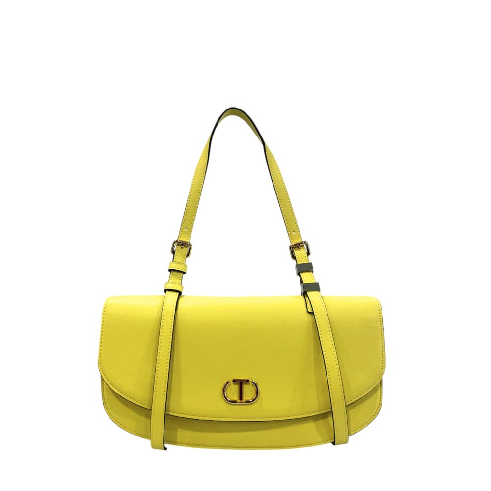 Shoulder Flap Clutch Handbag by Twinset for women in polyurethane bicolour, gold & yellow features a sculptural silhouette with a secure flap, magnetic & button, organized built-in-compartments, and versatile shoulder-strap for a sculptural finish.