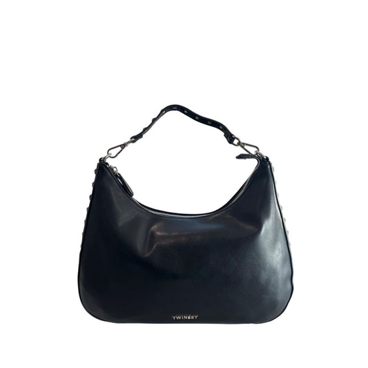 Shoulder Clutch Handbag by Twinset for women in polyurethane black & silver features a sculptural silhouette with a secure zipper, ample built-in-compartments, and versatile shoulder-strap for a sculptural finish.