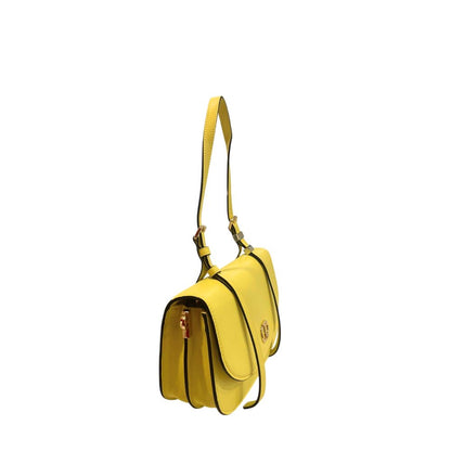 Shoulder Flap Clutch Handbag by Twinset for women in polyurethane bicolour, gold & yellow showcases a sculptural silhouette, featuring a secure flap, magnetic & button, ample built-in-compartments, and versatile shoulder-strap for a sculptural finish.