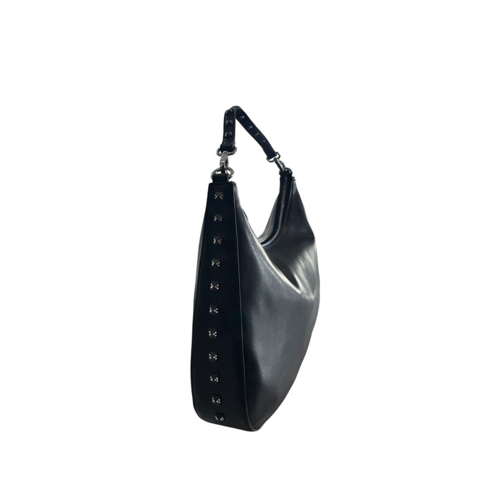 Shoulder Clutch Handbag by Twinset for women in polyurethane black & silver features a sculptural silhouette with a secure zipper, organized built-in-compartments, and versatile shoulder-strap for a sculptural finish.