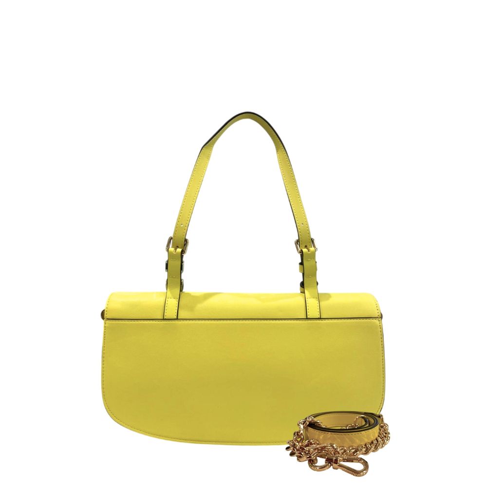 Shoulder Flap Clutch Handbag by Twinset for women in polyurethane bicolour, gold & yellow features a architectural silhouette, showcasing a secure flap, magnetic & button, ample built-in-compartments, and versatile shoulder-strap for a architectural finish.