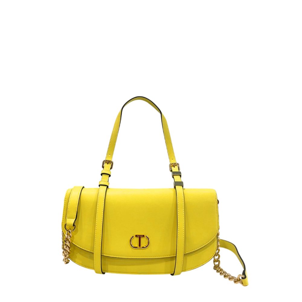 Shoulder Flap Clutch Handbag by Twinset for women in polyurethane bicolour, gold & yellow features an sculptural silhouette, showcasing a secure flap, magnetic & button and sculptural built-in-compartments with versatile shoulder-strap for a sophisticated look.