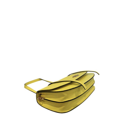 Shoulder Flap Clutch Handbag by Twinset for women in polyurethane bicolour, gold & yellow features a statuesque silhouette, showcasing a secure flap, magnetic & button and organized built-in-compartments with versatile shoulder-strap for statuesque evening wear.