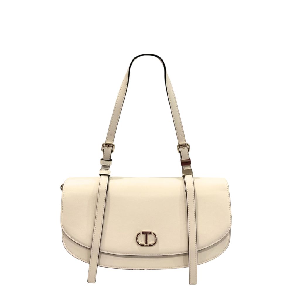 Shoulder Flap Clutch Handbag by Twinset for women in polyurethane gold & white features a sculptural silhouette with a secure flap, magnetic & button, organized built-in-compartments, and versatile shoulder-strap for a sculptural finish.