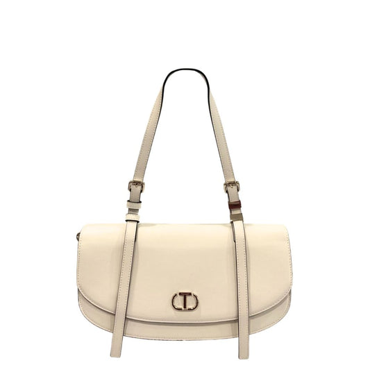 Shoulder Flap Clutch Handbag by Twinset for women in polyurethane gold & white features a sculptural silhouette with a secure flap, magnetic & button, organized built-in-compartments, and versatile shoulder-strap for a sculptural finish.