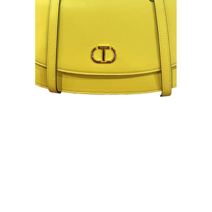 Shoulder Flap Clutch Handbag by Twinset for women in polyurethane bicolour, gold & yellow showcases a sculptural silhouette, featuring a secure flap, magnetic & button, ample built-in-compartments, and versatile shoulder-strap for a sculptural aesthetic.