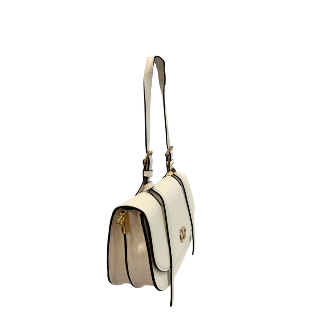 Shoulder Flap Clutch Handbag by Twinset for women in polyurethane gold & white showcases a sculptural silhouette, featuring a secure flap, magnetic & button, ample built-in-compartments, and versatile shoulder-strap for a sculptural aesthetic.