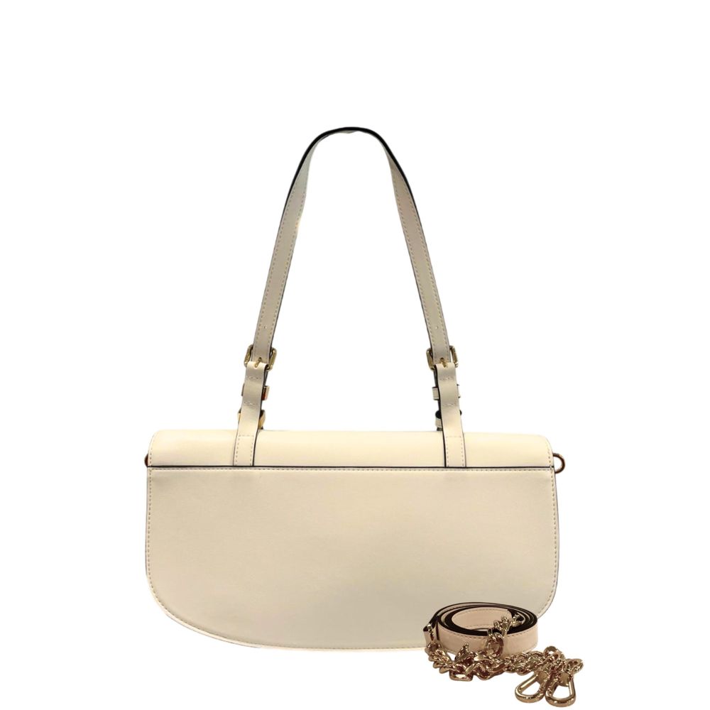 Shoulder Flap Clutch Handbag by Twinset for women in polyurethane gold & white features a sculptural silhouette with a secure flap, magnetic & button, ample built-in-compartments, and versatile shoulder-strap for a sculptural finish.