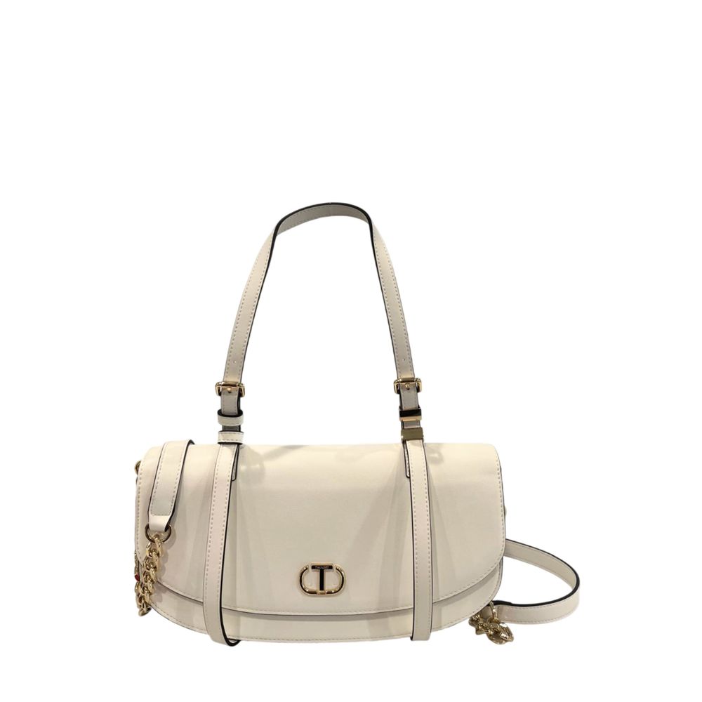 Shoulder Flap Clutch Handbag by Twinset for women in polyurethane gold & white features a architectural silhouette, showcasing a secure flap, magnetic & button, ample built-in-compartments, and versatile shoulder-strap for a architectural finish.