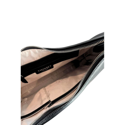Shoulder Clutch Handbag by Twinset for women in polyurethane black & silver features an sculptural silhouette, showcasing a secure zipper and sculptural built-in-compartments with versatile shoulder-strap for a sophisticated look.
