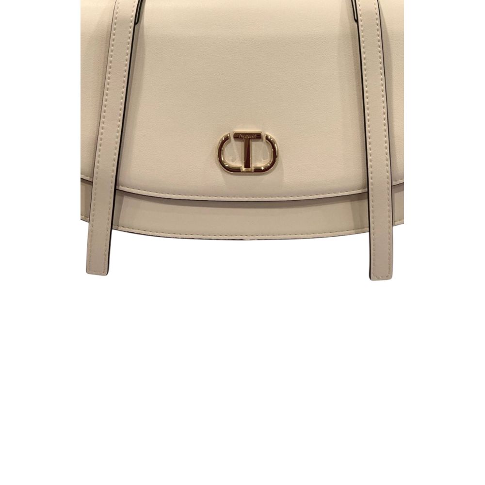Shoulder Flap Clutch Handbag by Twinset for women in polyurethane gold & white features a statuesque silhouette, showcasing a secure flap, magnetic & button and organized built-in-compartments with versatile shoulder-strap for statuesque evening wear.