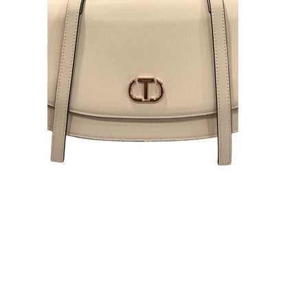 Shoulder Flap Clutch Handbag by Twinset for women in polyurethane gold & white features a statuesque silhouette, showcasing a secure flap, magnetic & button and organized built-in-compartments with versatile shoulder-strap for statuesque evening wear.