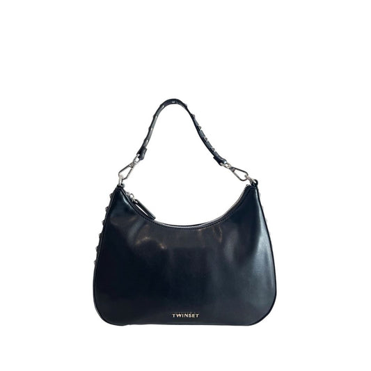 Shoulder Clutch Handbag by Twinset for women in polyester & polyurethane black & silver features a sculptural silhouette with a secure zipper, ample built-in-compartments, and versatile shoulder-strap for a sculptural finish.