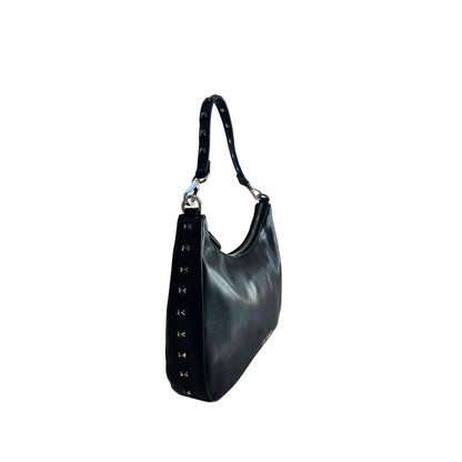 Shoulder Clutch Handbag by Twinset for women in polyester & polyurethane black & silver features a statuesque silhouette, showcasing a secure zipper and organized built-in-compartments with versatile shoulder-strap for statuesque evening wear.