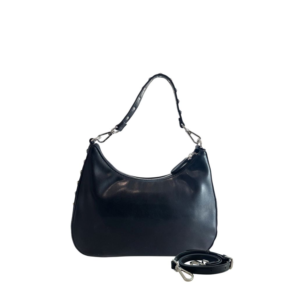 Shoulder Clutch Handbag by Twinset for women in polyester & polyurethane black & silver showcases a sculptural silhouette, featuring a secure zipper, ample built-in-compartments, and versatile shoulder-strap for a sculptural aesthetic.