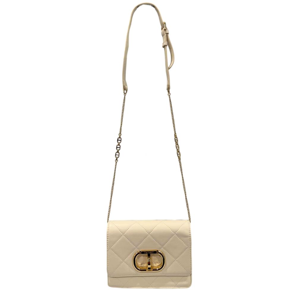 Mini 2-in-1 Shoulder & Crossbody Handbag by Twinset for women in polyurethane beige & gold features a transformative sophistication silhouette, showcasing a secure turn-lock, ample , and versatile crossbody-strap & shoulder-strap for a transformative sophistication look.