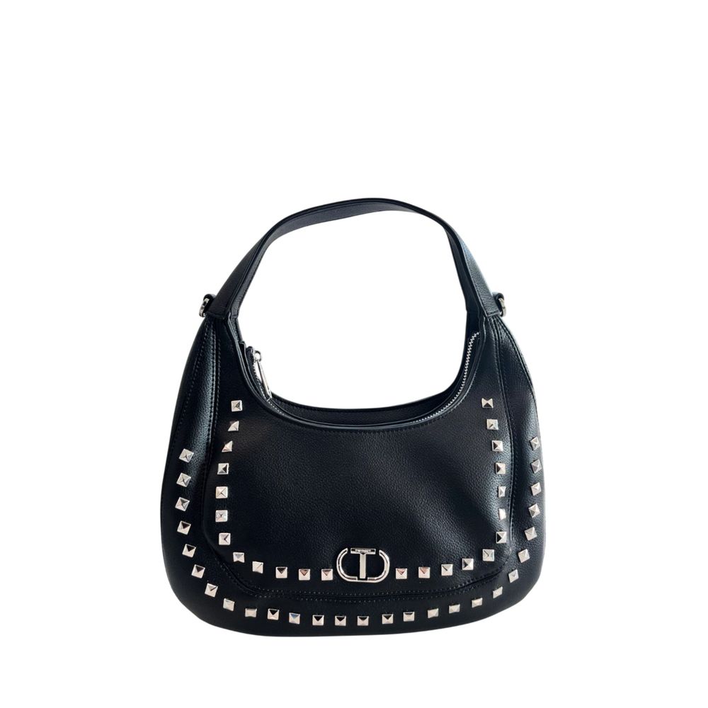 Shoulder Clutch Handbag by Twinset for women in polyurethane black & silver features a statuesque silhouette, showcasing a secure zipper and organized built-in-compartments with versatile shoulder-strap for statuesque evening wear.