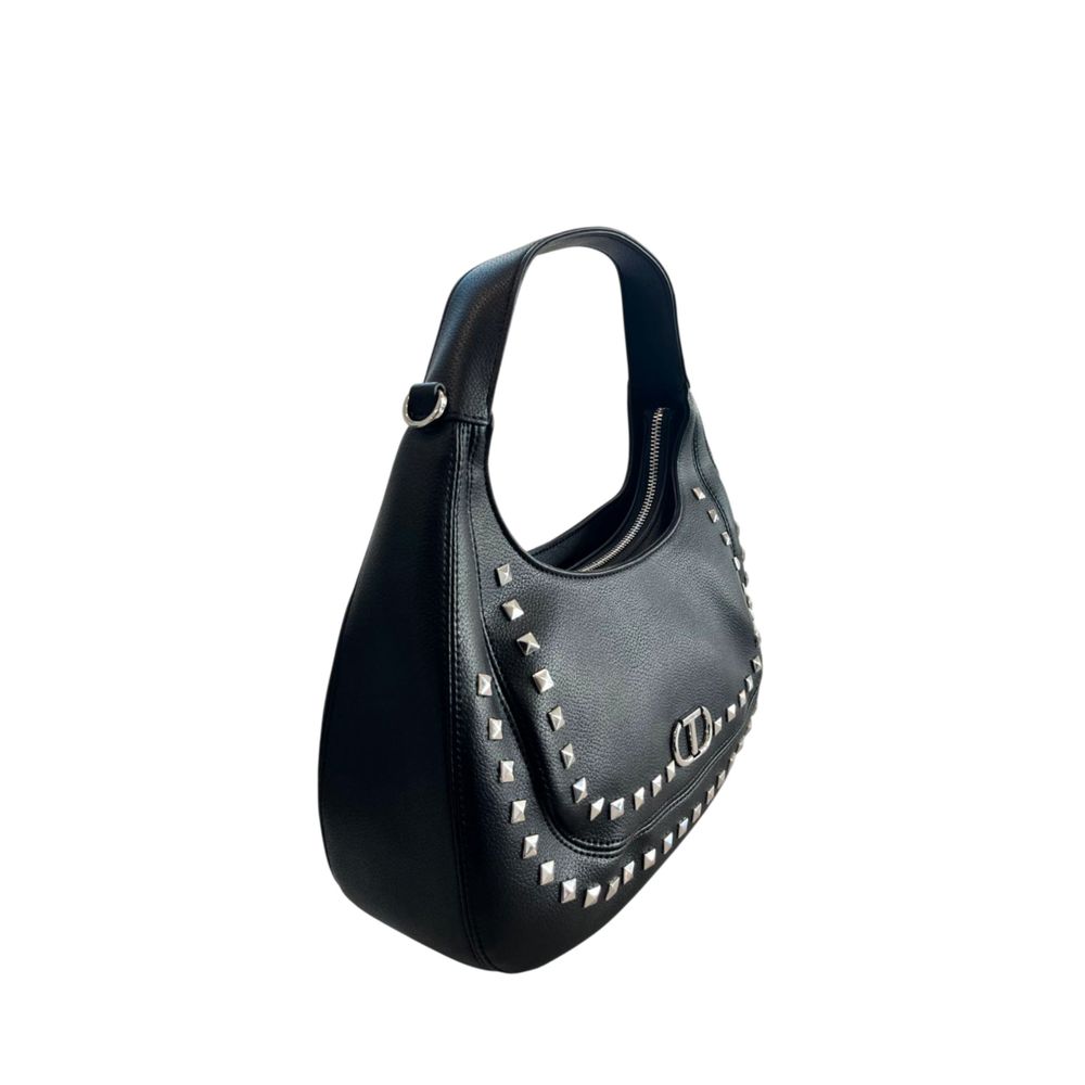 Shoulder Clutch Handbag by Twinset for women in polyurethane black & silver features an sculptural silhouette, showcasing a secure zipper and sculptural built-in-compartments with versatile shoulder-strap for a sophisticated look.