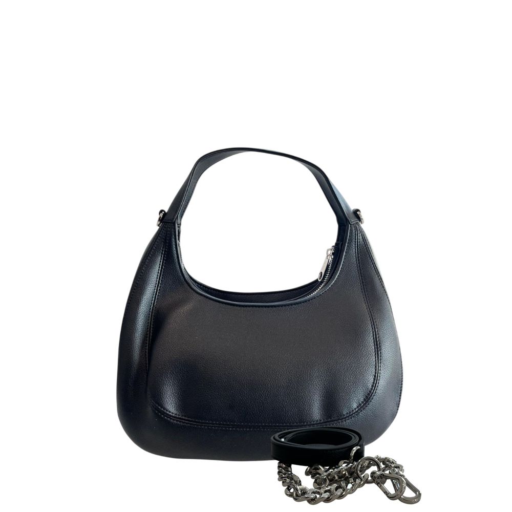 Shoulder Clutch Handbag by Twinset for women in polyurethane black & silver showcases a sculptural silhouette, featuring a secure zipper, ample built-in-compartments, and versatile shoulder-strap for a sculptural aesthetic.