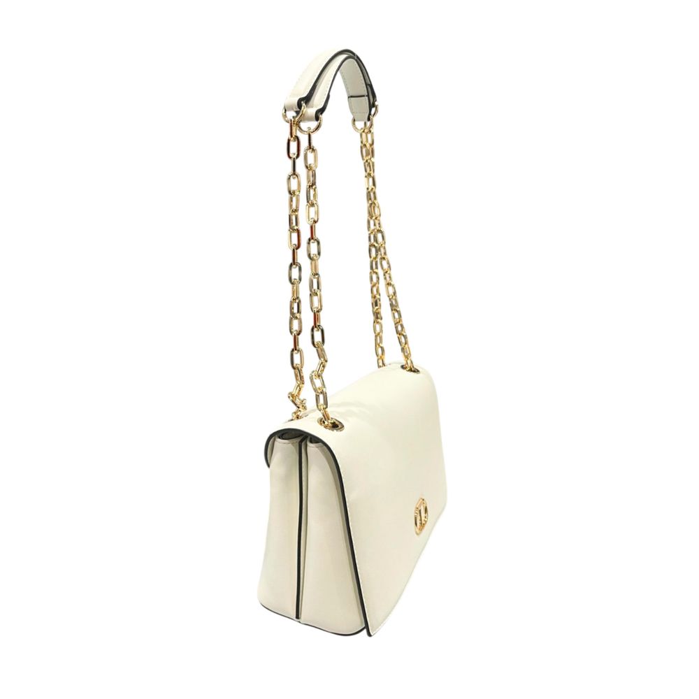Crossbody Flap Handbag by Twinset for women in polyurethane gold, white & signature features a multifaceted silhouette, showcasing a secure flap, magnetic & button and multifaceted with versatile crossbody-strap for multifaceted style.