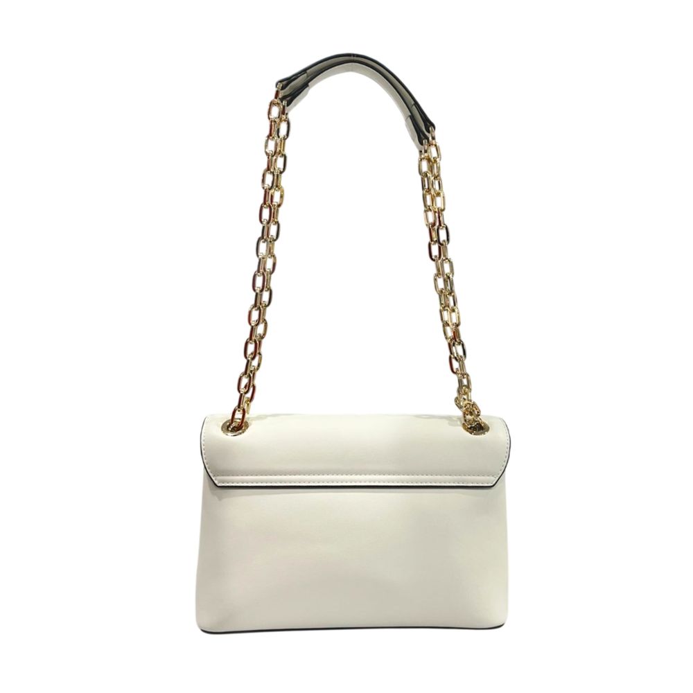 Crossbody Flap Handbag by Twinset for women in polyurethane gold, white & signature features an versatile silhouette, showcasing a secure flap, magnetic & button and versatile with versatile crossbody-strap for a versatile finish.