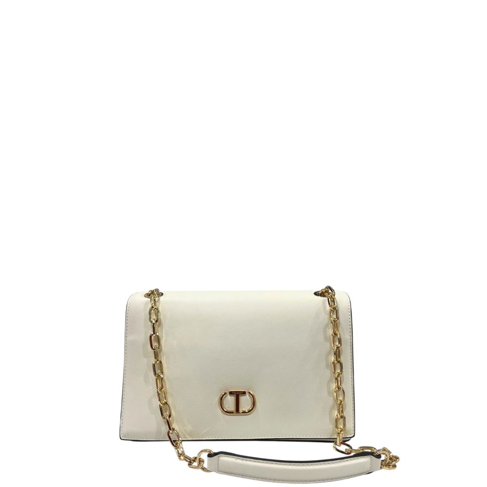 Crossbody Flap Handbag by Twinset for women in polyurethane gold, white & signature features an multi-faceted design with a secure flap, magnetic & button, ample , and versatile crossbody-strap for a multi-faceted finish.