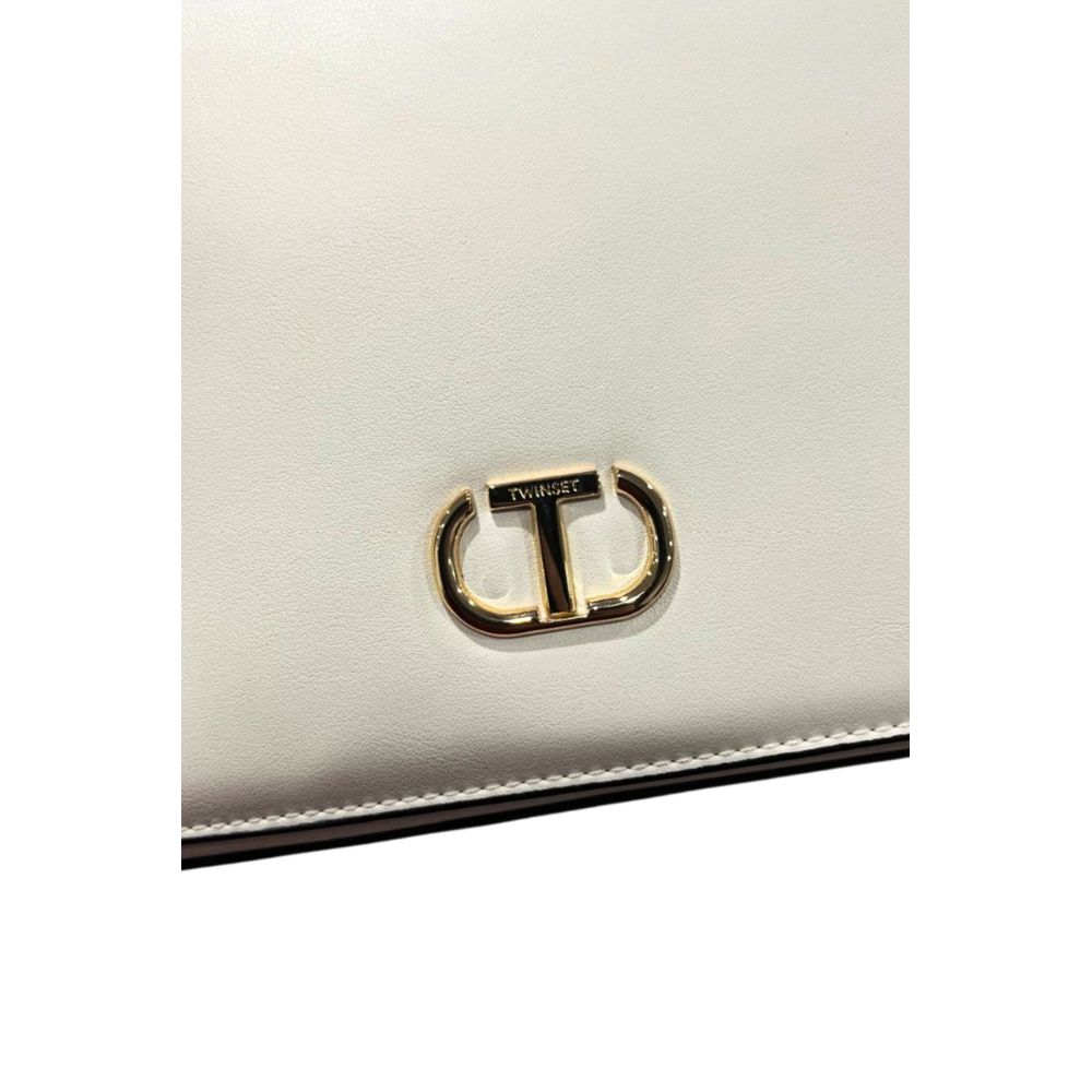 Crossbody Flap Handbag by Twinset for women in polyurethane gold, white & signature features a versatile chic silhouette, meticulously detailed with a secure flap, magnetic & button, ample , and versatile crossbody-strap.