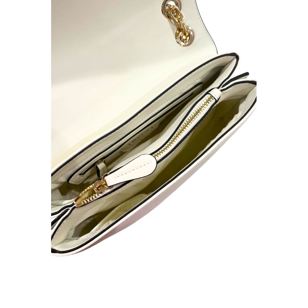 Crossbody Flap Handbag by Twinset for women in polyurethane gold, white & signature features a versatile chic silhouette, meticulously detailed with a secure flap, magnetic & button, ample , and versatile crossbody-strap.