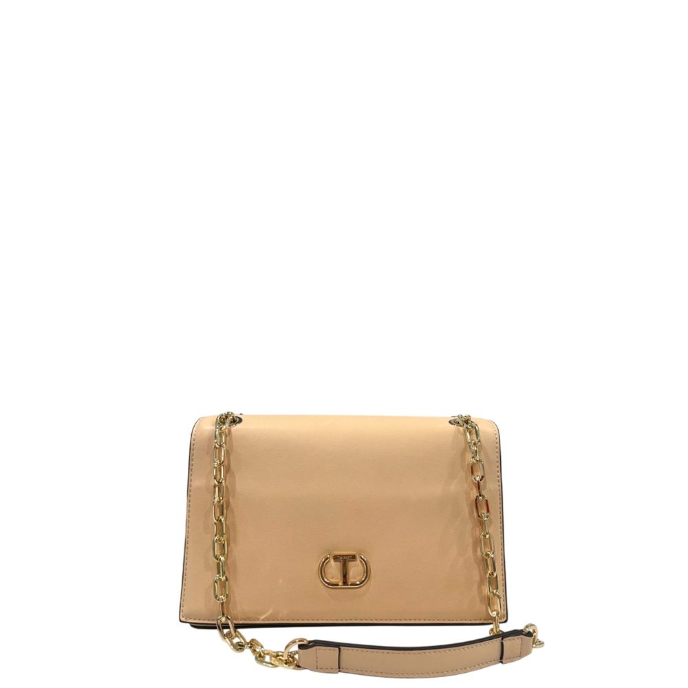 Crossbody Flap Handbag by Twinset for women in polyurethane gold, multicolor & pink features a versatile chic silhouette, meticulously detailed with a secure flap, magnetic & button, ample , and versatile crossbody-strap.