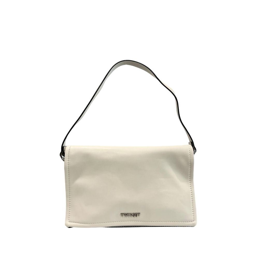 Shoulder Flap Clutch Handbag by Twinset for women in polyethylene silver & white features a statuesque silhouette, showcasing a secure flap, magnetic & button and organized built-in-compartments with versatile shoulder-strap & adjustable-strap for statuesque evening wear.