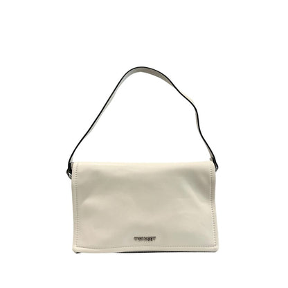 Shoulder Flap Clutch Handbag by Twinset for women in polyethylene silver & white features a statuesque silhouette, showcasing a secure flap, magnetic & button and organized built-in-compartments with versatile shoulder-strap & adjustable-strap for statuesque evening wear.