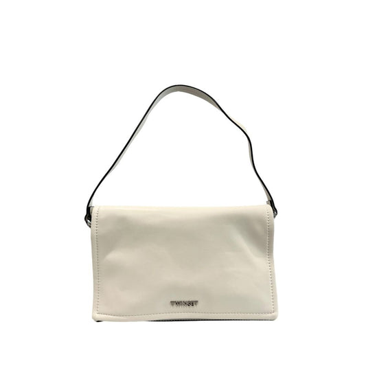 Shoulder Flap Clutch Handbag by Twinset for women in polyethylene silver & white features a statuesque silhouette, showcasing a secure flap, magnetic & button and organized built-in-compartments with versatile shoulder-strap & adjustable-strap for statuesque evening wear.