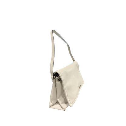 Shoulder Flap Clutch Handbag by Twinset for women in polyethylene silver & white features a architectural silhouette, showcasing a secure flap, magnetic & button, ample built-in-compartments, and versatile shoulder-strap & adjustable-strap for a architectural finish.