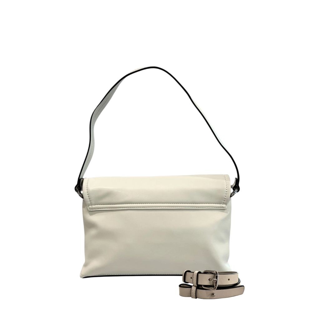 Shoulder Flap Clutch Handbag by Twinset for women in polyethylene silver & white showcases a sculptural silhouette, featuring a secure flap, magnetic & button, ample built-in-compartments, and versatile shoulder-strap & adjustable-strap for a sculptural aesthetic.