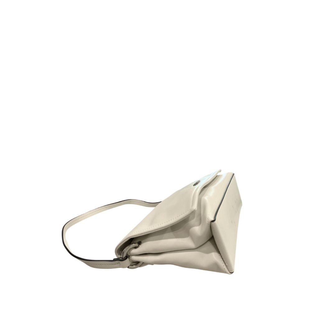 Shoulder Flap Clutch Handbag by Twinset for women in polyethylene silver & white features a sculptural silhouette with a secure flap, magnetic & button, ample built-in-compartments, and versatile shoulder-strap & adjustable-strap for a sculptural finish.