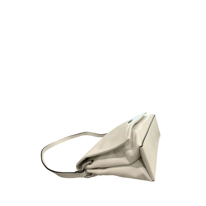 Shoulder Flap Clutch Handbag by Twinset for women in polyethylene silver & white features a sculptural silhouette with a secure flap, magnetic & button, ample built-in-compartments, and versatile shoulder-strap & adjustable-strap for a sculptural finish.