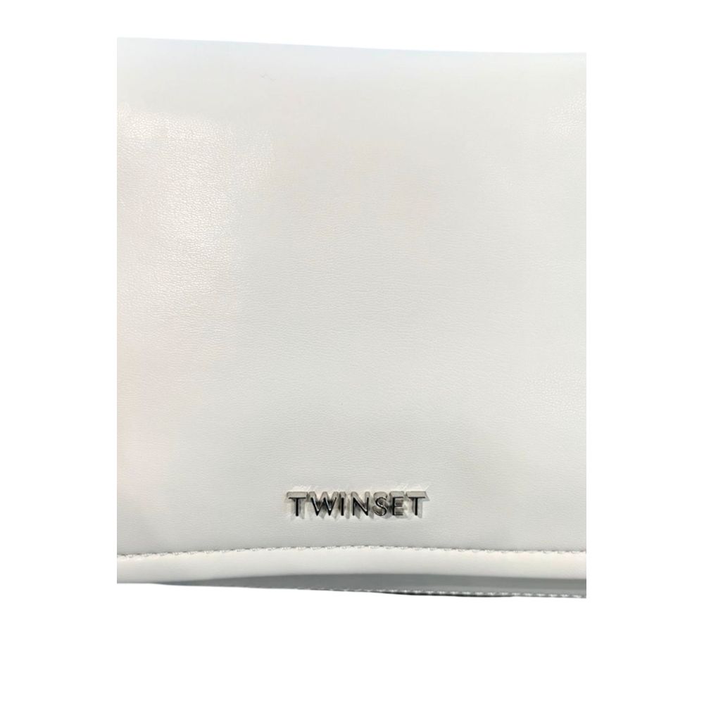 Shoulder Flap Clutch Handbag by Twinset for women in polyethylene silver & white showcases a sculptural silhouette, featuring a secure flap, magnetic & button, ample built-in-compartments, and versatile shoulder-strap & adjustable-strap for a sculptural aesthetic.