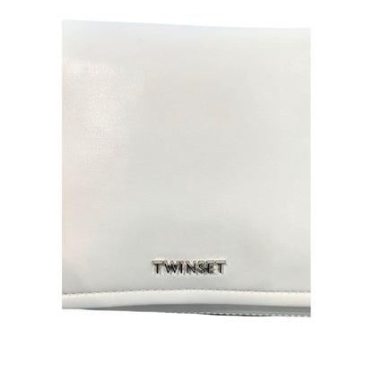 Shoulder Flap Clutch Handbag by Twinset for women in polyethylene silver & white showcases a sculptural silhouette, featuring a secure flap, magnetic & button, ample built-in-compartments, and versatile shoulder-strap & adjustable-strap for a sculptural aesthetic.