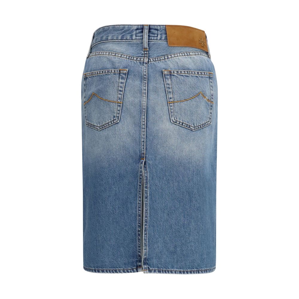 Skirt by Jacob Cohen for women in denim cotton blue showcases a dramatic silhouette, artfully capturing the essence of the Women's Denim Cotton Midi Skirt in a dramatic midi cut for a refined look.