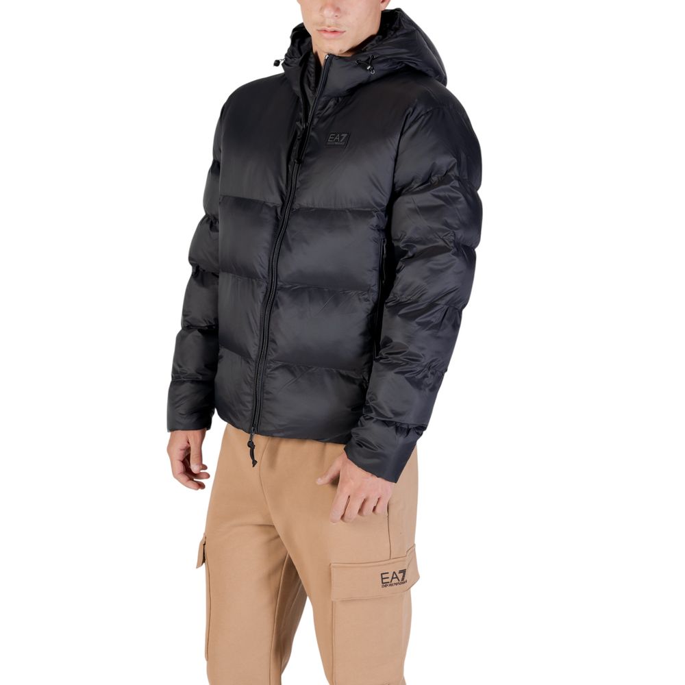 Hooded Bomber Jacket by EA7 Emporio Armani for men in polyamide black showcases a bohemian silhouette, artfully detailed with a bohemian hooded neckline and signature hooded & insulated for a truly bohemian finish.