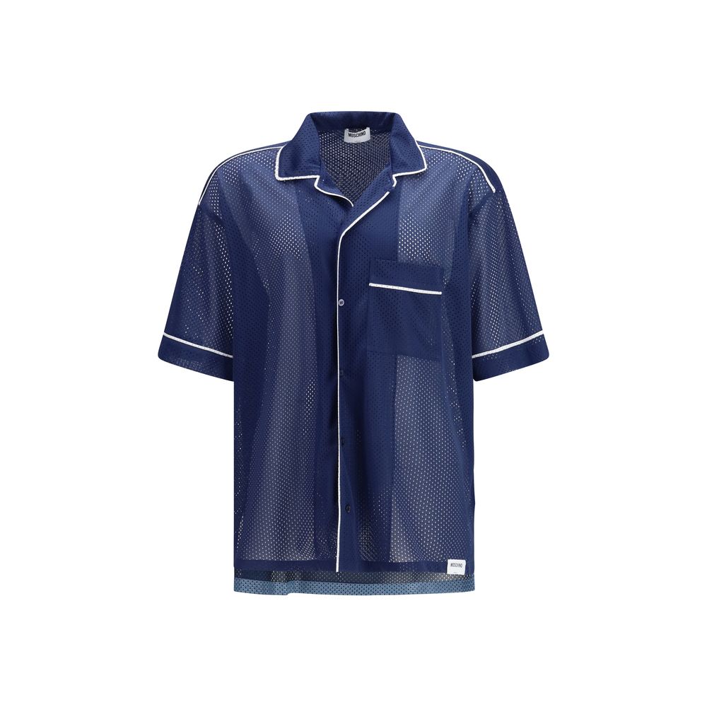 Activewear T-Shirt by Moschino for men in polyester & mesh blue & print features an athletic silhouette with short-sleeve sleeves and a neckline, enhanced by high-performance mesh-panels.