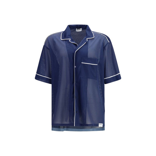 Activewear T-Shirt by Moschino for men in polyester & mesh blue & print features an athletic silhouette with short-sleeve sleeves and a neckline, enhanced by high-performance mesh-panels.