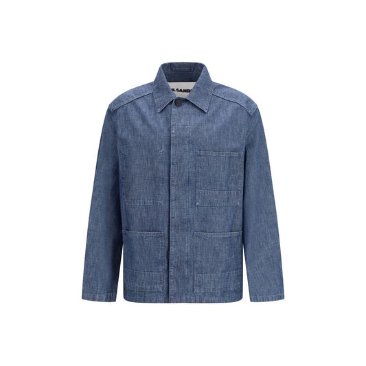Trucker Jacket by Jil Sander for men in denim cotton blue showcases a bohemian silhouette, artfully detailed with a bohemian and signature pockets for a truly bohemian finish.