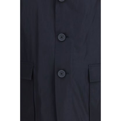 Overcoat by Thom Browne for men in polyester blue, signature & print showcases a enveloping silhouette, detailed with distinctive lightweight & pockets and a enveloping .