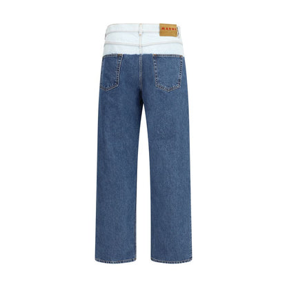 Jeans by Marni for men in denim cotton blue features a polished silhouette with a polished regular-fit, reaching a polished long and finished with a polished .