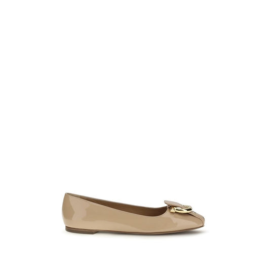 Ballet Flat Shoes by Ferragamo for women in bos taurus calf leather beige presents a effortless chic silhouette, showcasing the Gancini Women's Bos Taurus Calf Leather Ballet Flat Shoes design with a effortless chic and for a sophisticated look.