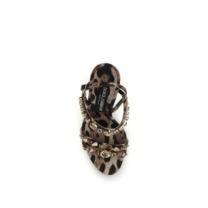 Stiletto Ankle Strap Sandals by Dolce & Gabbana for women in rhinestone brown, leopard-print & print showcases a sculptural silhouette as Women's Rhinestone Stiletto Ankle Strap Sandals, defined by a sculptural stiletto and sculptural almond toe style for a sculptural look.