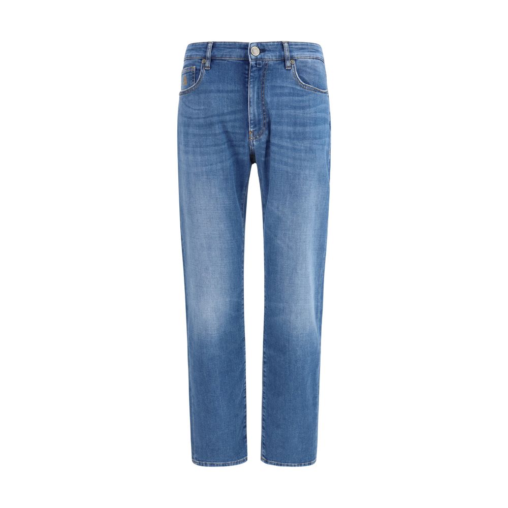 Jeans by MooRER for men in stretch denim cotton blue features an sartorial straight-leg & regular-fit and long with a cut for a sartorial finish.